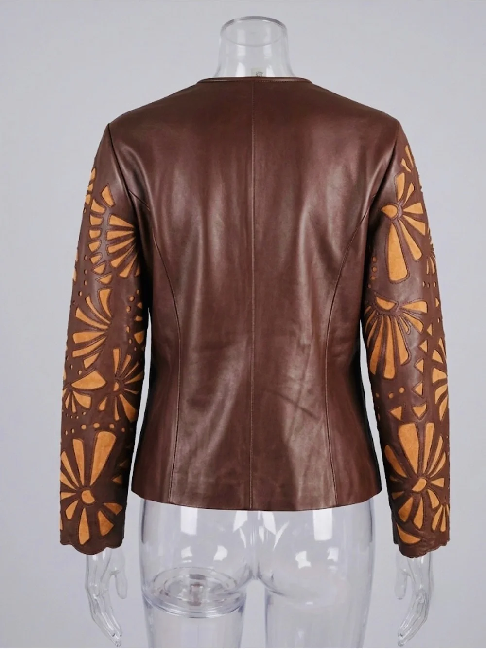 Vintage Chico's Genuine Leather Laser Cutout Jacket Brown - Size 2 (L) - Picture 3 of 11